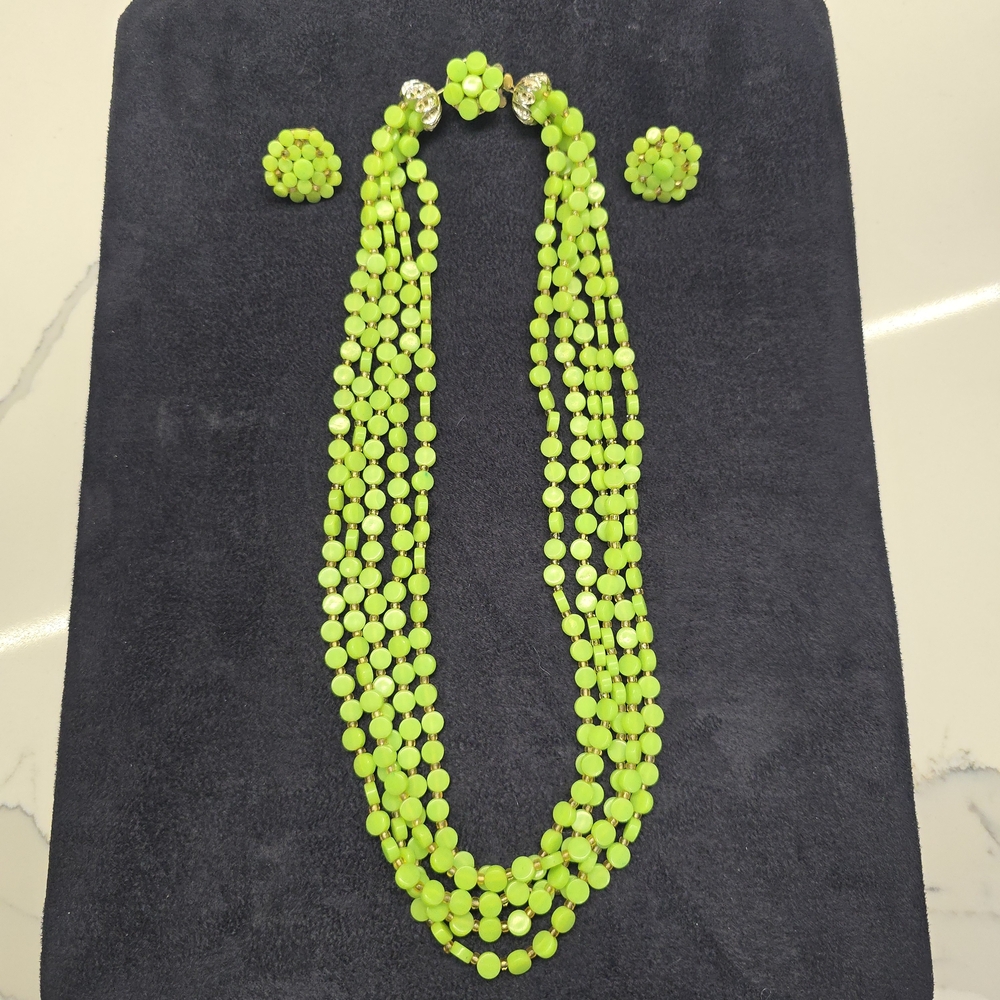 Vtg 50s-60s, Celluloid Lime Green, 5 Strand Necklace With Clip-on Earrings